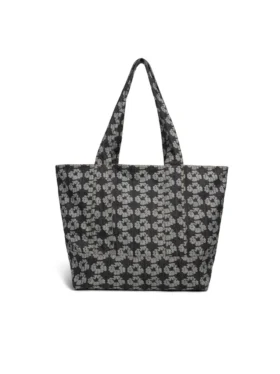 Borsa tote in Denim con motivo a ghirlande jacquard, lavaggio scuro