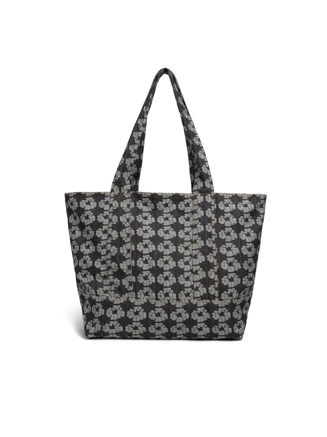 Borsa tote in Denim con motivo a ghirlande jacquard, lavaggio scuro