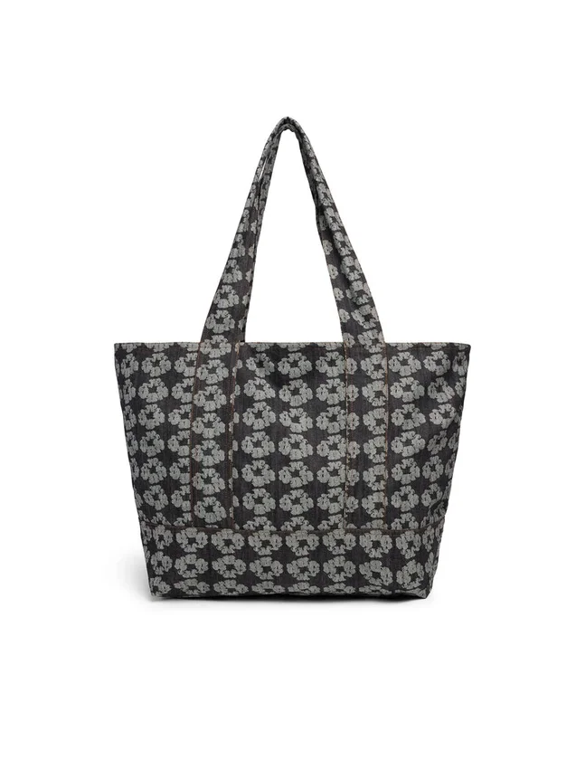 Borsa tote in Denim con motivo a ghirlande jacquard, lavaggio scuro