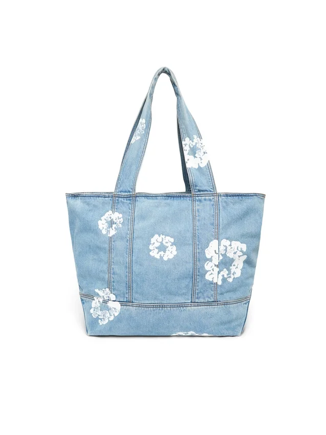 Borsa tote in Denim lavaggio chiaro con motivo Cotton Wreath in cotone