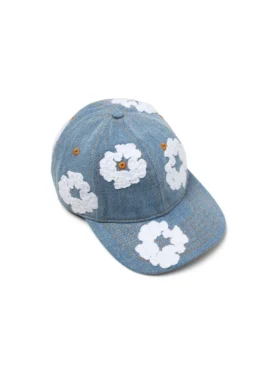 Cappellino in Denim grezzo con motivo "Cotton Wreath", lavaggio chiaro