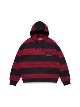 Felpa con cappuccio a strisce e stemma, con zip, rossa/blu navy