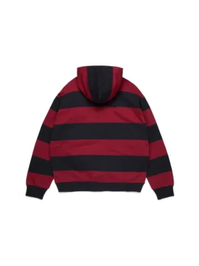 Felpa con cappuccio a strisce e stemma, con zip, rossa/blu navy