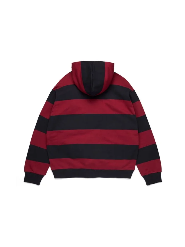Felpa con cappuccio a strisce e stemma, con zip, rossa/blu navy