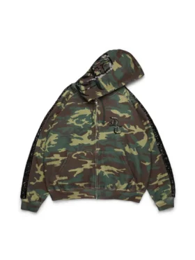 Felpa con cappuccio e zip con inserti in paillettes sulle maniche, mimetica