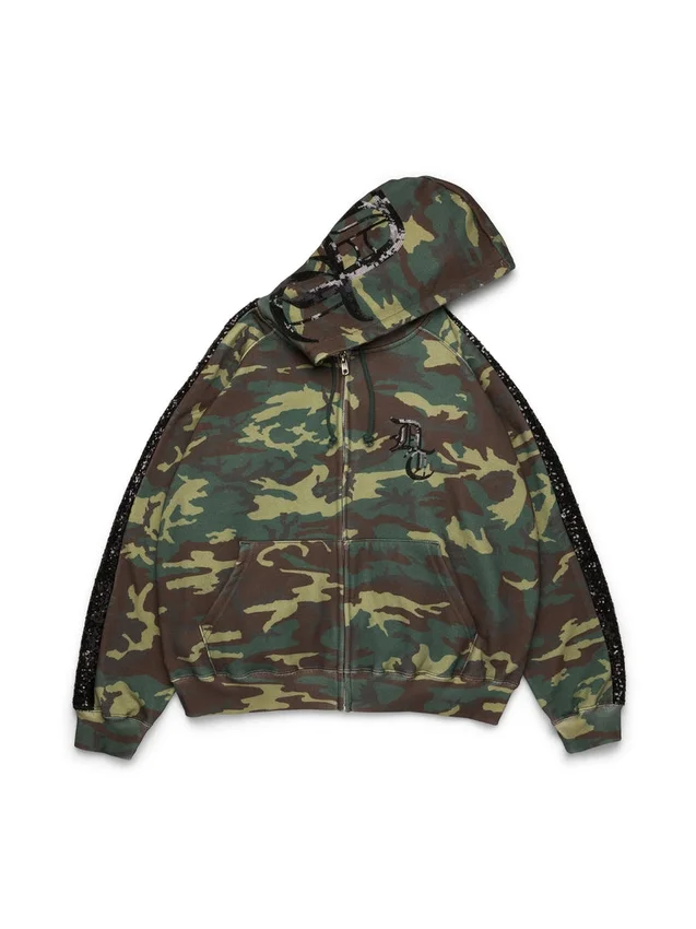 Felpa con cappuccio e zip con inserti in paillettes sulle maniche, mimetica
