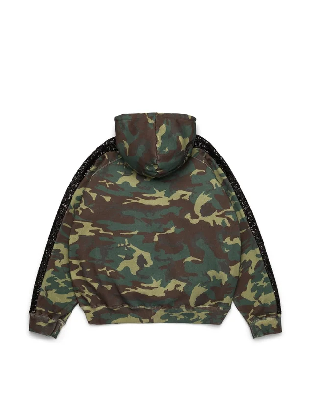 Felpa con cappuccio e zip con inserti in paillettes sulle maniche, mimetica