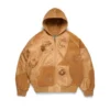 Felpa con cappuccio in pelle e pelle scamosciata patchwork con motivo "Cotton Wreath", marrone