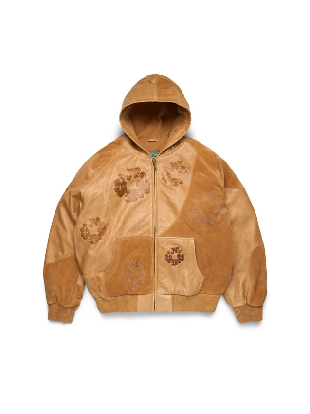 Felpa con cappuccio in pelle e pelle scamosciata patchwork con motivo "Cotton Wreath", marrone