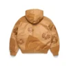 Felpa con cappuccio in pelle e pelle scamosciata patchwork con motivo "Cotton Wreath", marrone