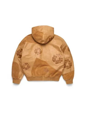 Felpa con cappuccio in pelle e pelle scamosciata patchwork con motivo “Cotton Wreath”, marrone