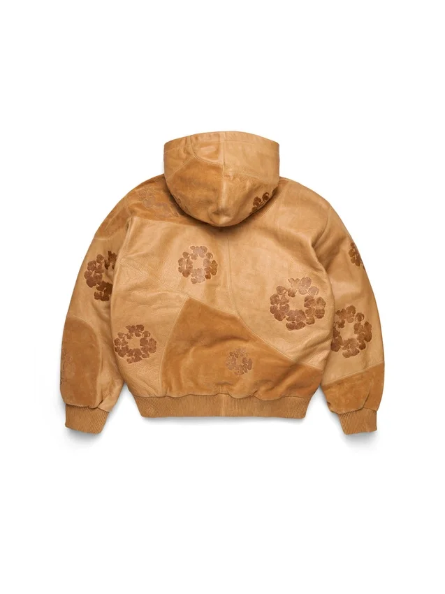 Felpa con cappuccio in pelle e pelle scamosciata patchwork con motivo "Cotton Wreath", marrone