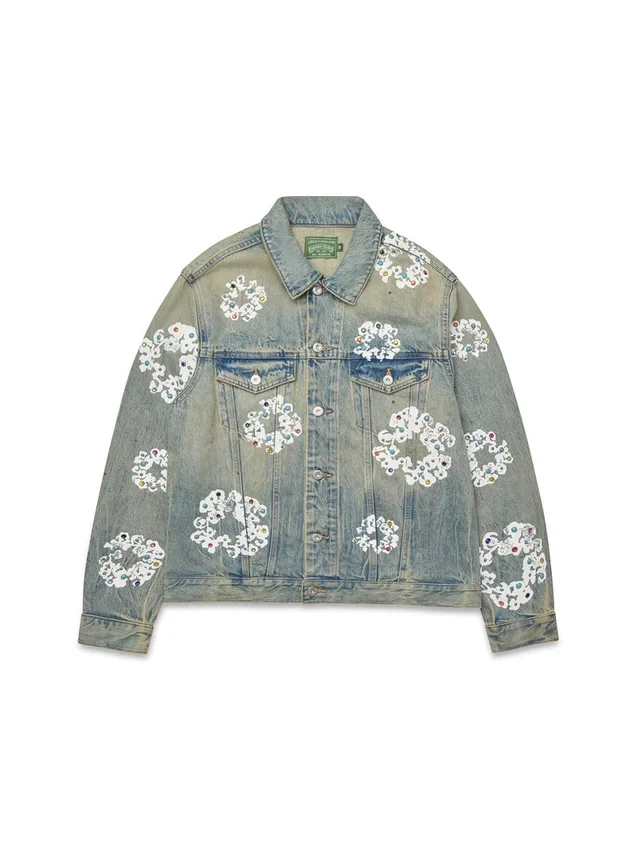 Giacca in Denim con Cotton Wreath borchiata, lavaggio sporco