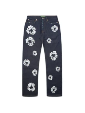 Pantaloni baggy in Denim con bordino e motivo “Cotton Wreath” borchiato