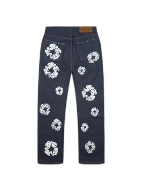 Pantaloni baggy in Denim con bordino e motivo “Cotton Wreath” borchiato