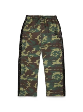 Pantaloni della tuta mimetici con paillettes e orlo aperto