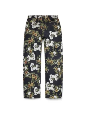 Pantaloni in Denim a zampa larga con motivo floreale e cimosa