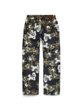Pantaloni in Denim a zampa larga con motivo floreale e cimosa