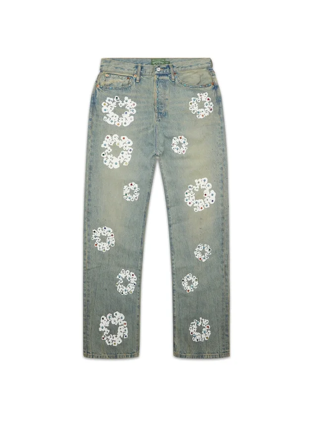 Pantaloni in Denim larghi con motivo “Cotton Wreath” borchiati, lavaggio sporco