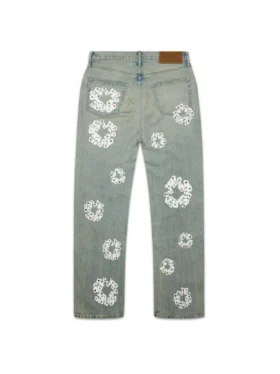Pantaloni in Denim larghi con motivo “Cotton Wreath” borchiati, lavaggio sporco