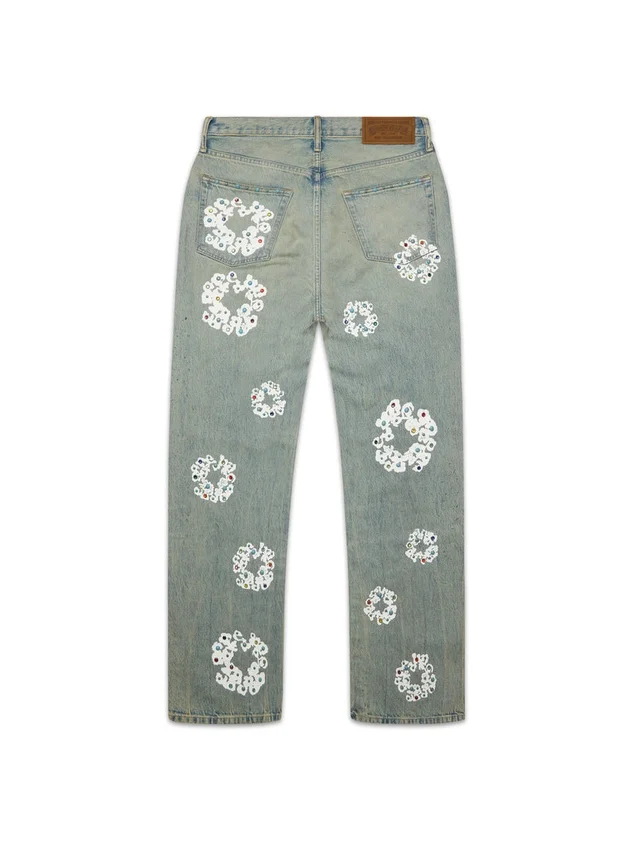 Pantaloni in Denim larghi con motivo “Cotton Wreath” borchiati, lavaggio sporco