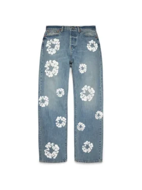 Pantaloni in Denim larghi con motivo Cotton Wreath in cotone, lavaggio chiaro