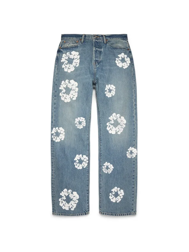 Pantaloni in Denim larghi con motivo Cotton Wreath in cotone, lavaggio chiaro